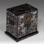 A Chinese lac burgaute travelling writing box or table cabinet, 17thC/18thC, H 31 - 28,5 x 21 cm