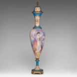 A fine oblong-shaped bleu Celeste ground Sevres vase, with hand-painted decoration of a beauty holdi