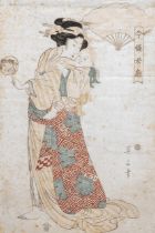 Eizan (1787-1867), Japanese woodblock print depicting a courtesan and a child, framed 47x35 cm