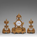 A fine Louis XVI style three-piece gilt bronze clock set, H 47 - 64 cm