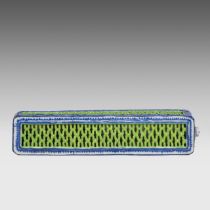 A Chinese blue and white and lime green ground reticulated cricket cage or censer box, 19thC, L 20 -