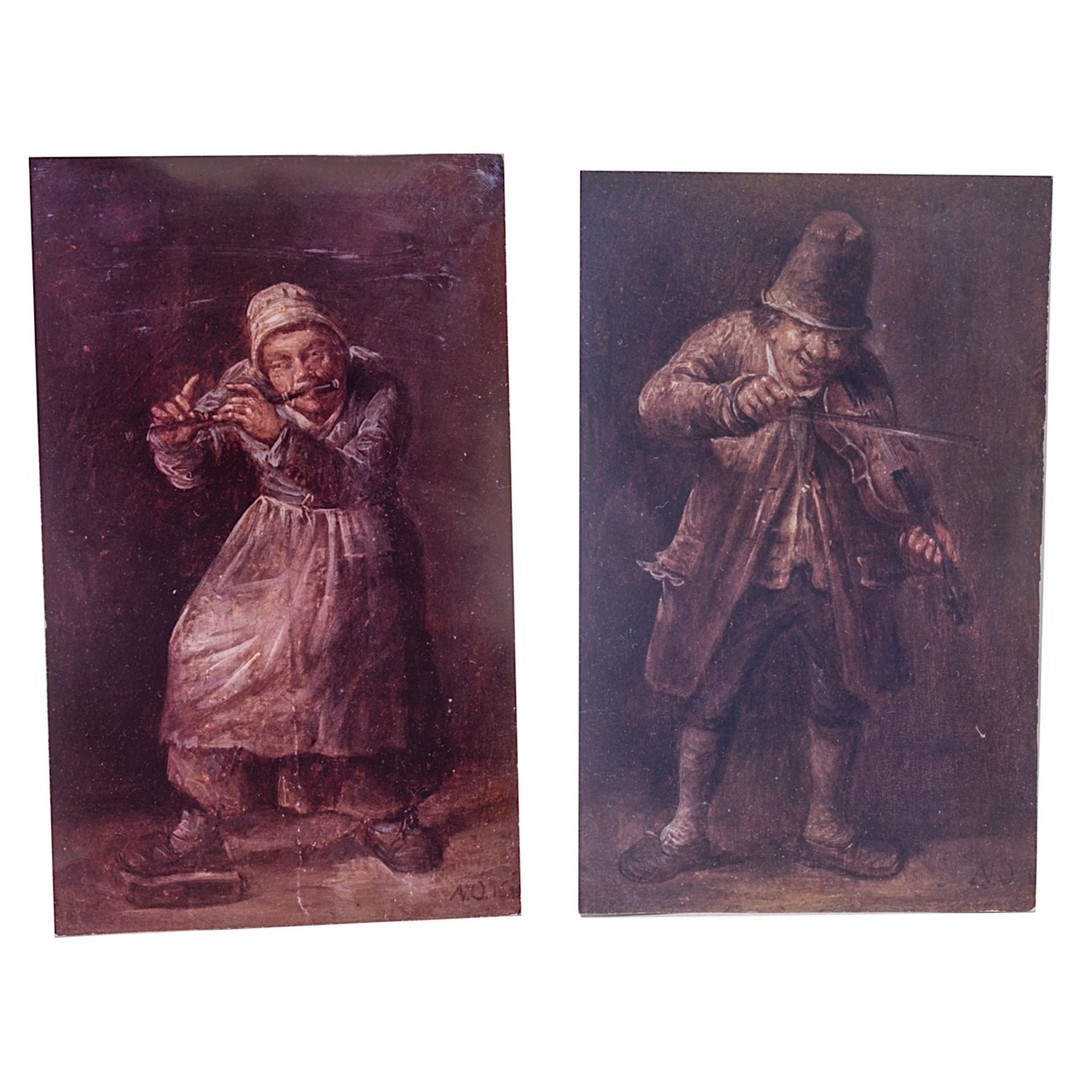 After Adriaan Van Ostade (1610-1685), a pair of pendant paintings of music-making folk figures, 1692 - Image 10 of 11