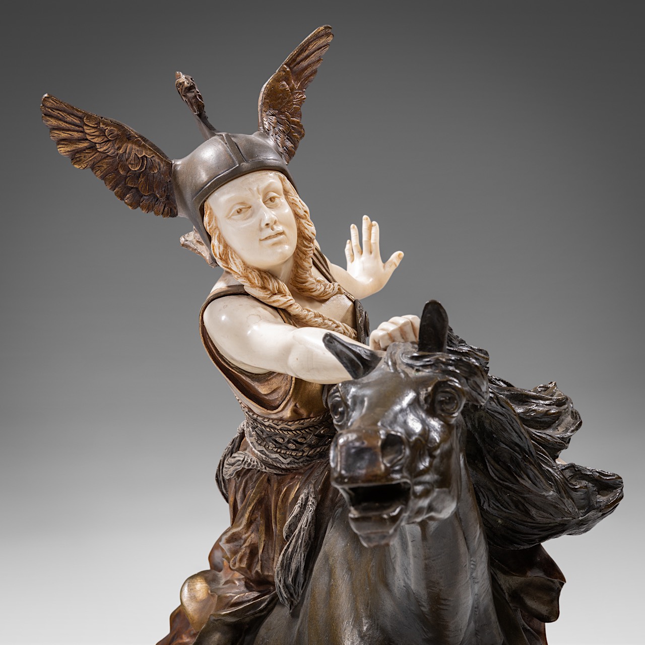 Claire Jeanne Roberte Colinet (1880-1950), 'Valkiria - Towards the Unknown', chryselephantine sculpt - Image 9 of 14