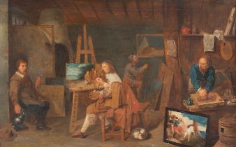 After David III Ryckaert (1612-1661), painters in a studio, 17thC, oil on a called panel 62 x 95 cm.