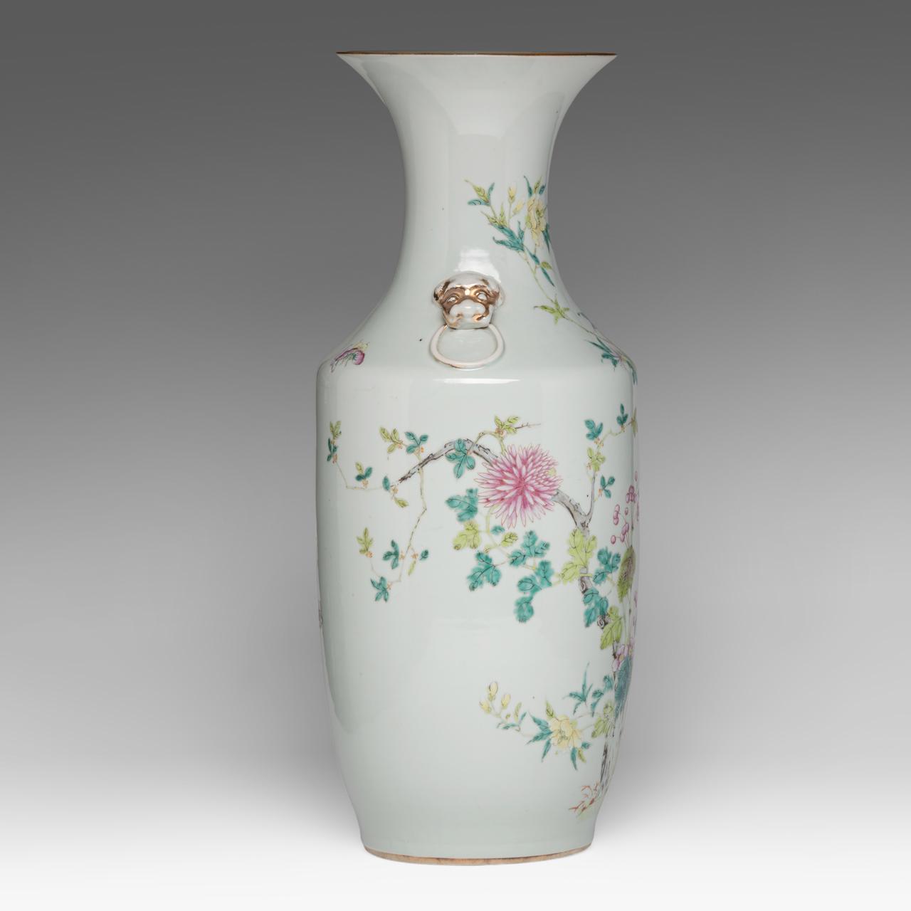 A Chinese famille rose 'Flower garden' vase, paired with lion head handles, late 19thC, H 57,8 cm - Image 4 of 6