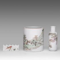 A small collection of three Chinese famille rose and Qianjiangcai scholar's objects, with a signed t