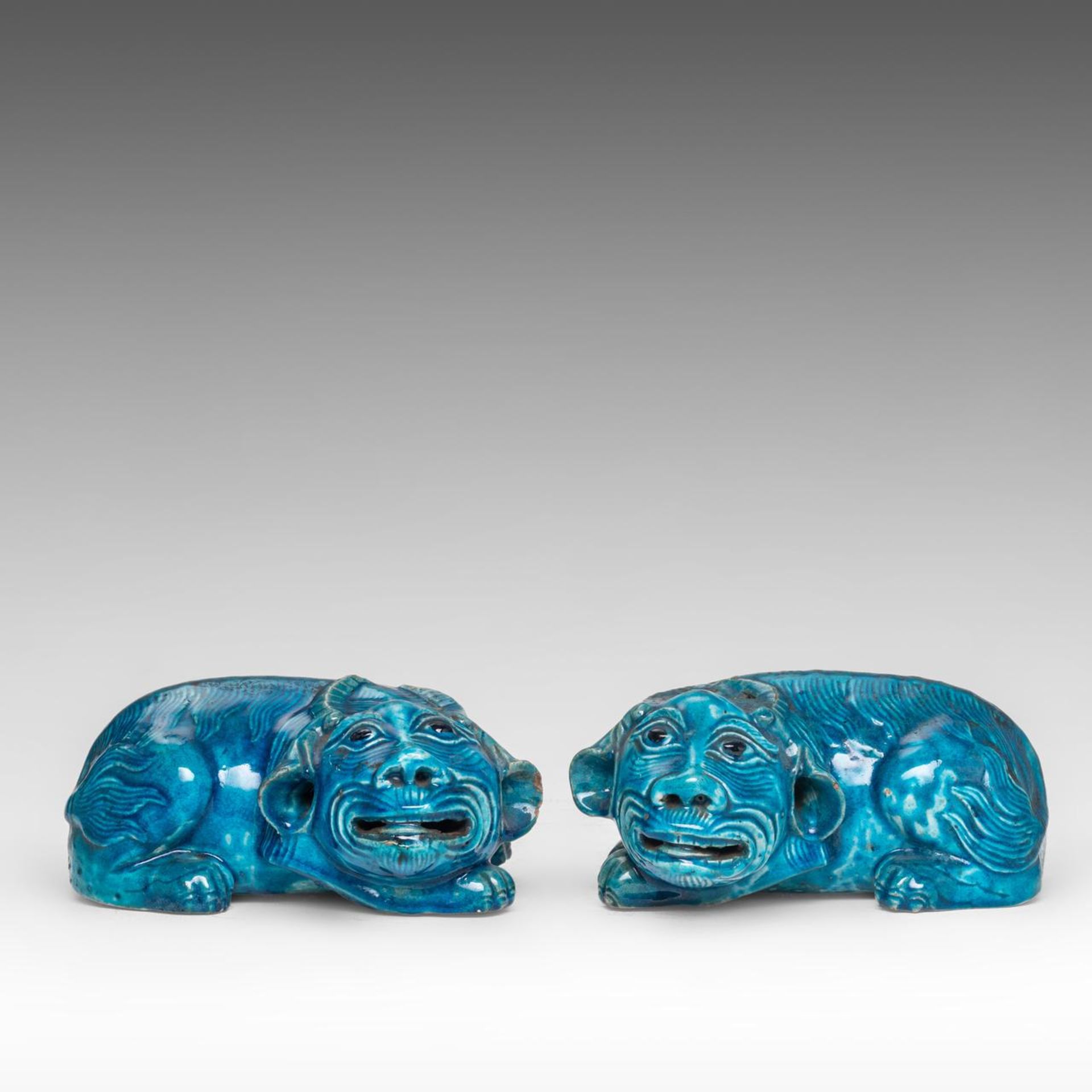 A pair of Chinese turquoise glazed ceramic figures of a recumbent water buffalo, mid-late Qing, L 20 - Image 3 of 8