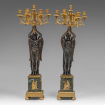 An imposing pair of Empire-style candelabras, gilt and patined bronze and a 'vert de mer' marble, H