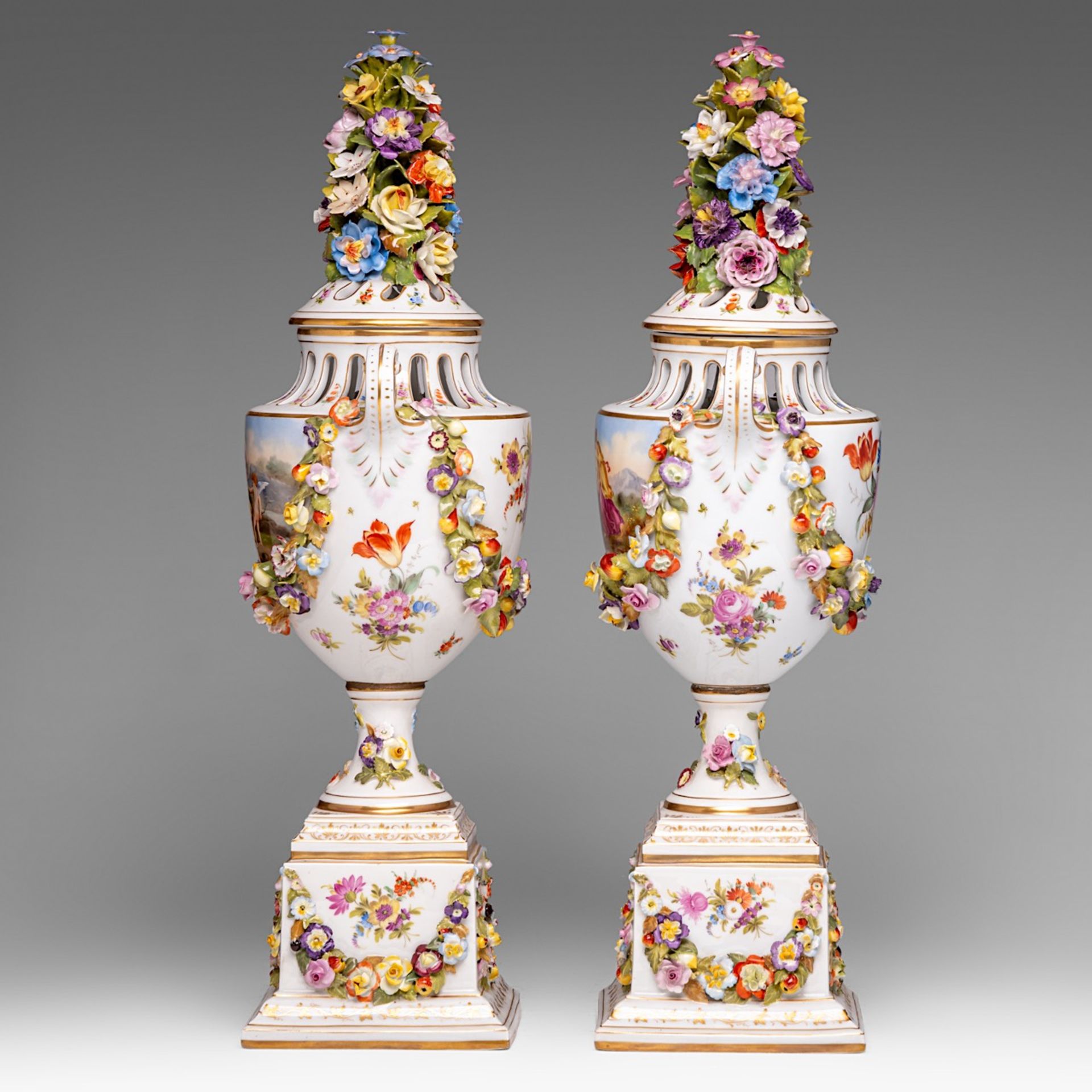 A pair of Saxony porcelain urns, with hand-painted roundels and flower relief decoration, marked Aug - Image 2 of 12