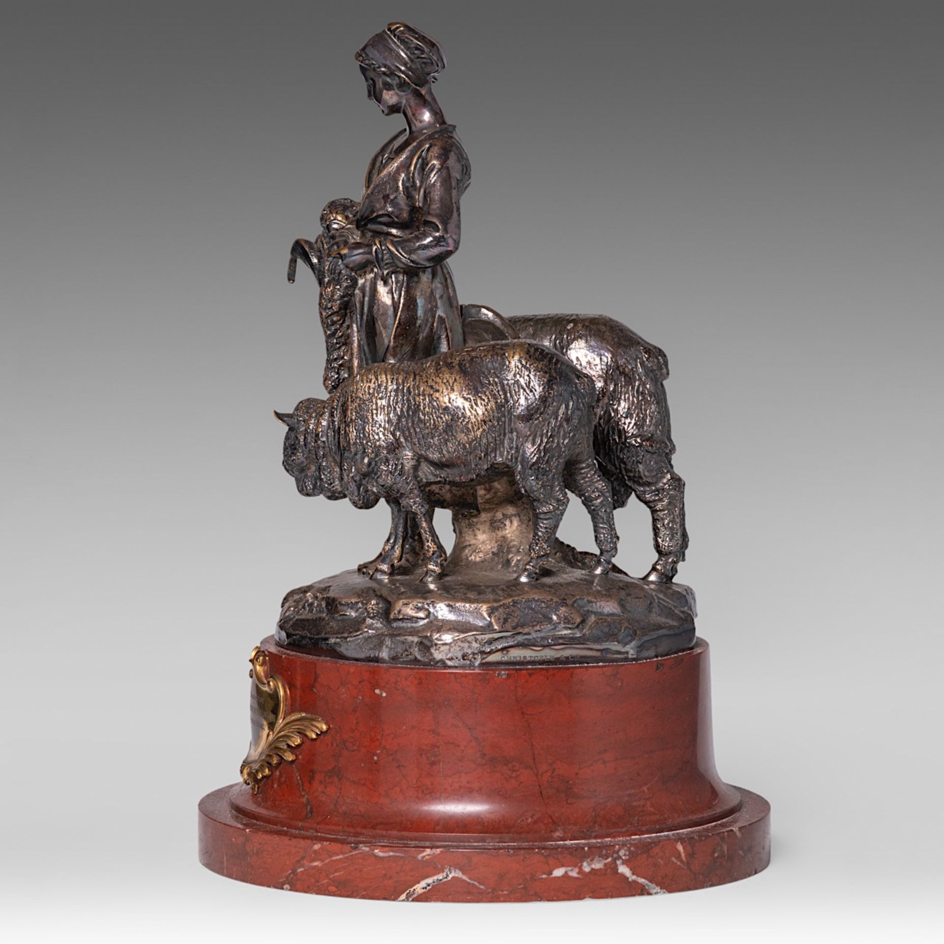 A silver-plated bronze group of a shepherdess with her sheep, cast by Christofle & Cie, 1885, H 41 c - Image 3 of 6