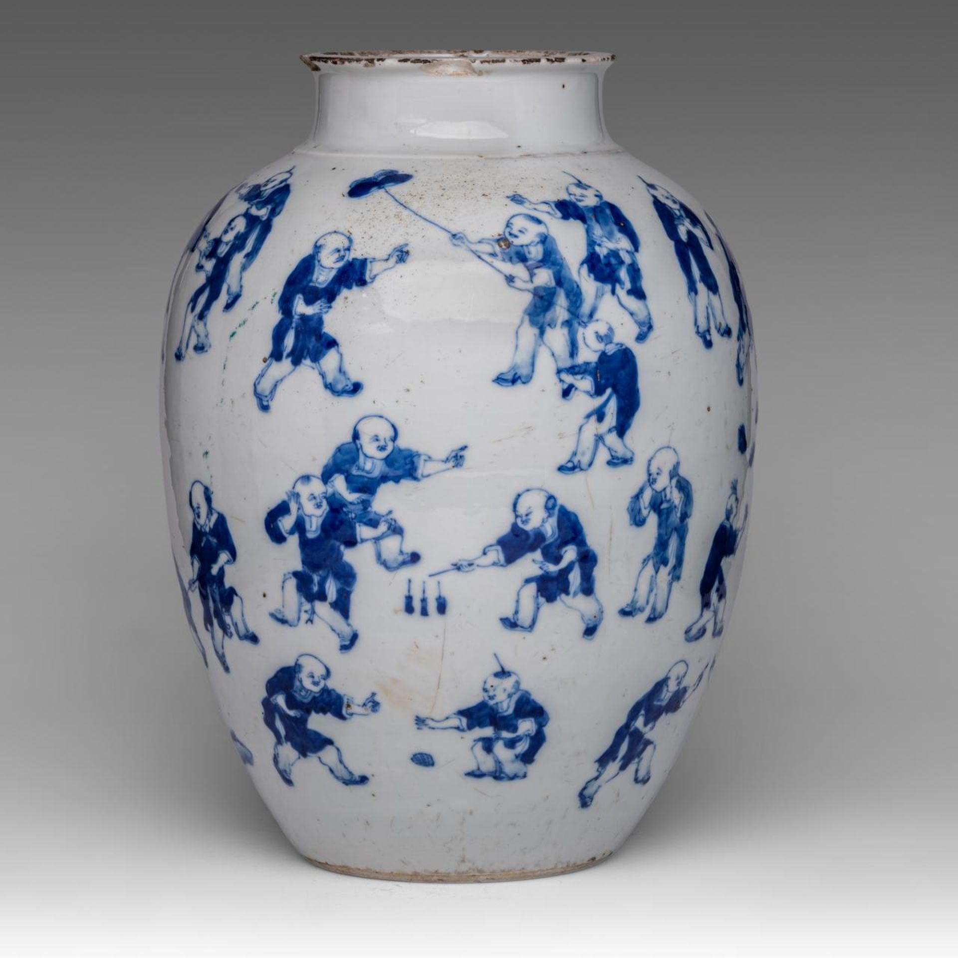 A Chinese blue and white 'Hundred Boys Welcoming Spring' jar, with a Kangxi mark, late 19thC, H 37 c - Image 3 of 6