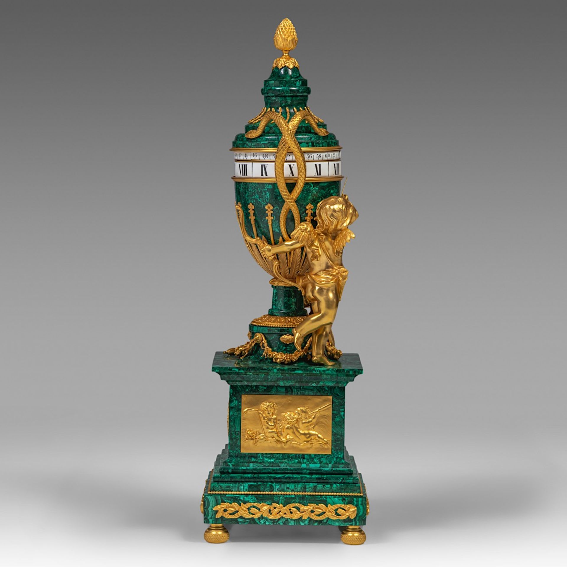 An exceptional Louis XVI style annular 'cercle tournant' clock, malachite and gilt bronze mounts, H - Image 5 of 8