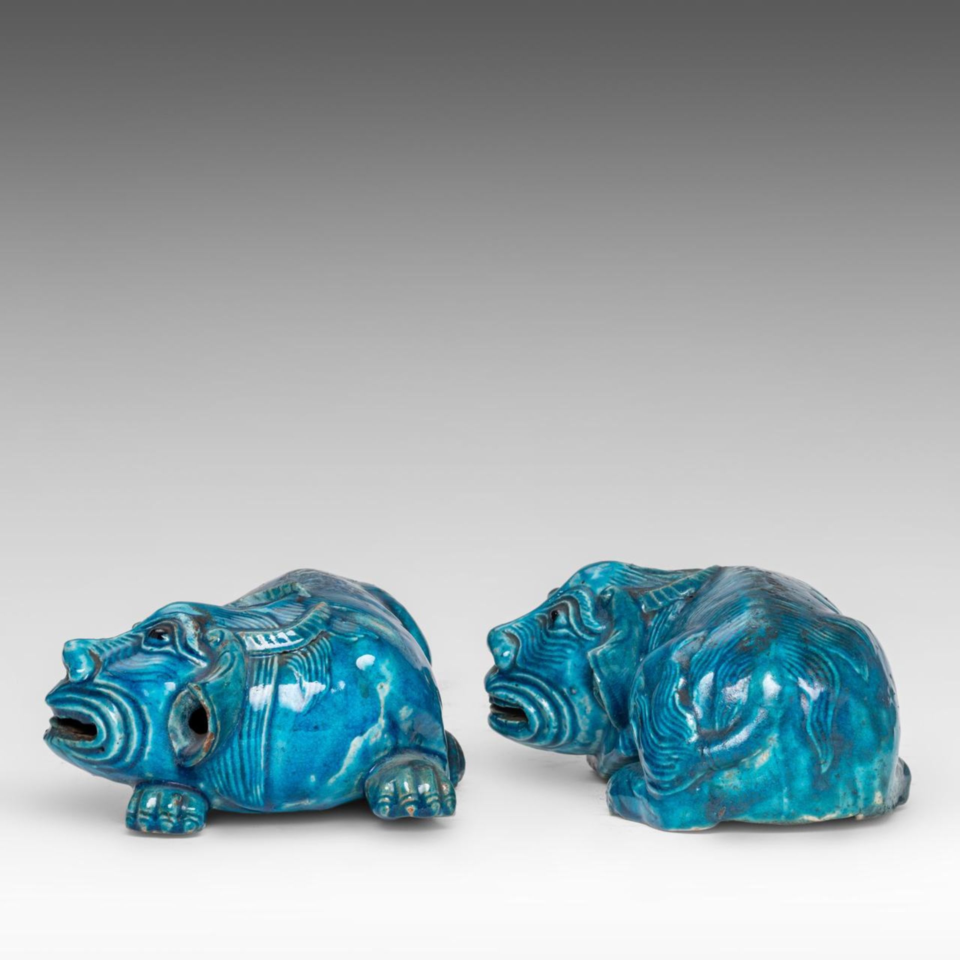 A pair of Chinese turquoise glazed ceramic figures of a recumbent water buffalo, mid-late Qing, L 20 - Image 4 of 8