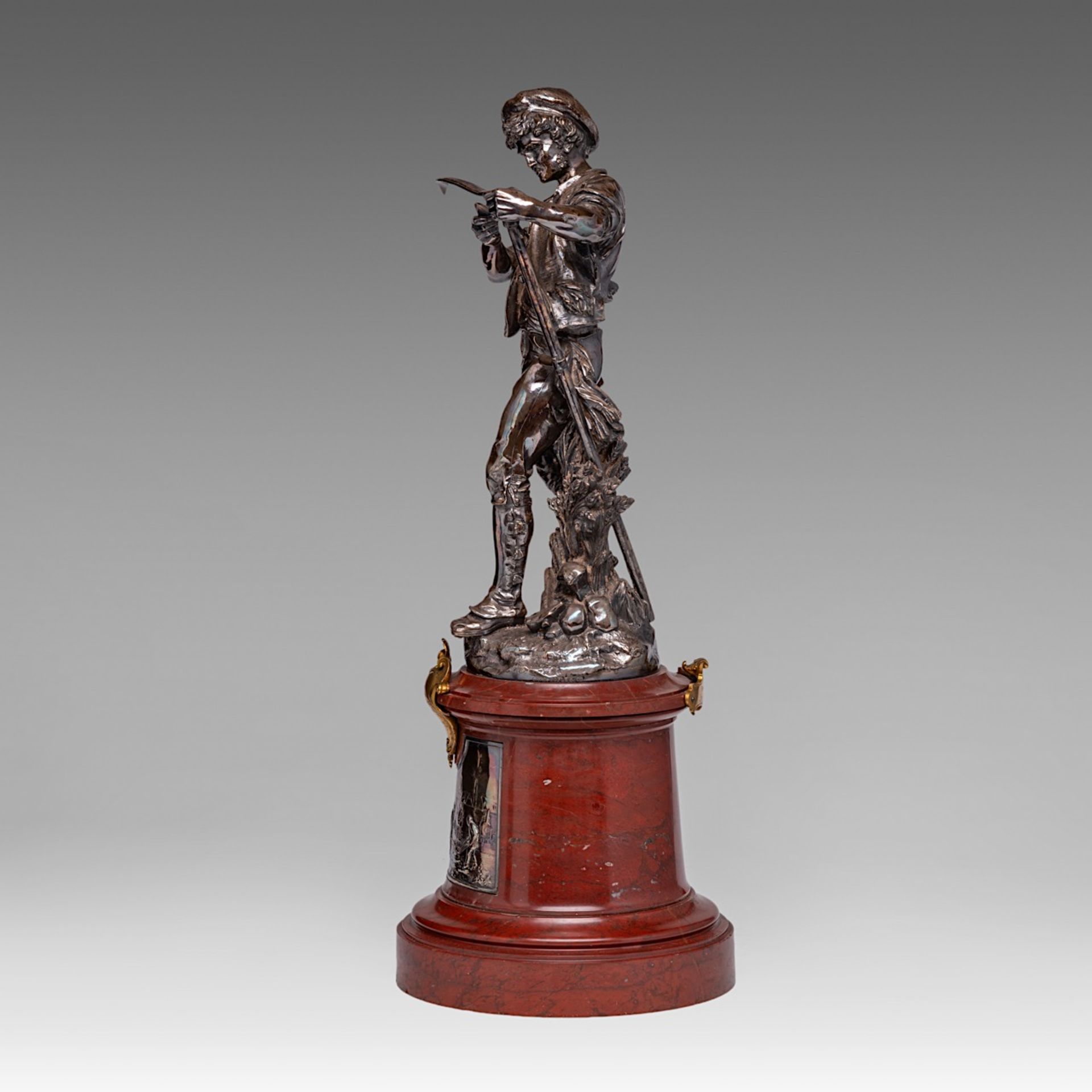 A silver-plated bronze sculpture of 'Le Faucheur', cast by Christofle & Cie, 1885, H 63 cm - Image 2 of 7