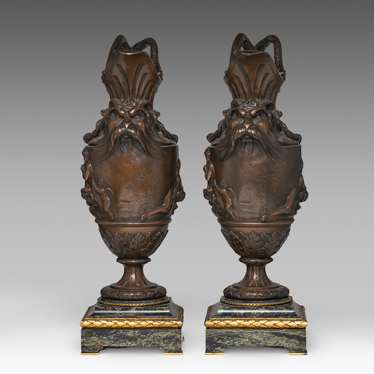 A pair of Neoclassical patinated bronze and marble ewers, in the Clodion manner, H 55 cm - Image 3 of 4