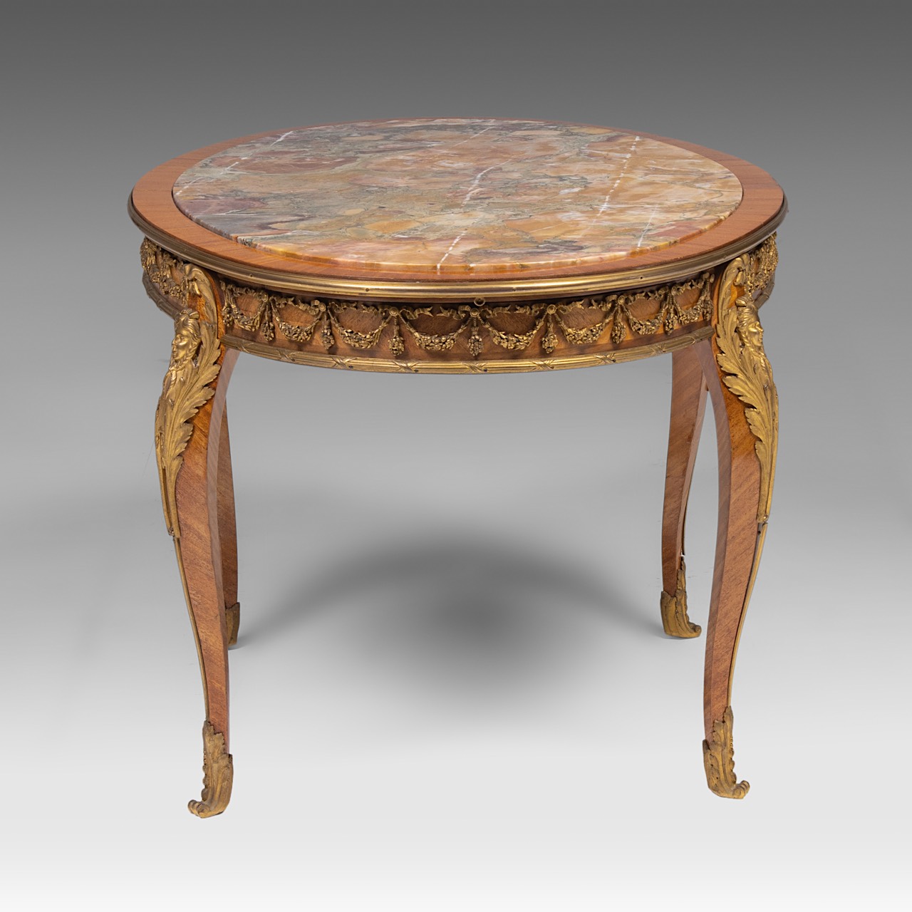 A mahogany marble-topped transitional-style side table with gilt bronze mounts, H 58 cm - W 100 cm - - Image 3 of 7