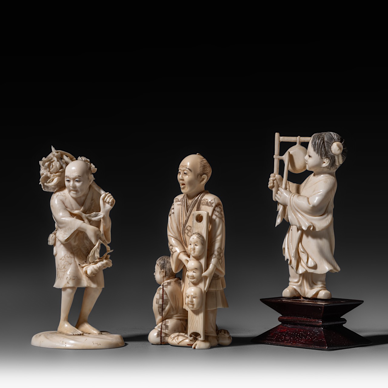 Two Japanese Meiji period ivory okimono; added a ditto Republic period Chinese figure; one okimono r - Image 2 of 7