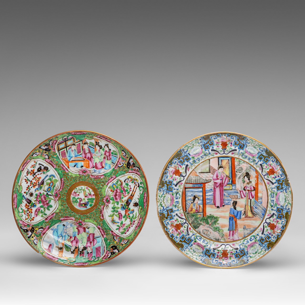 Eight Chinese Canton rose mandarin and rose medallion dishes, 19thC, dia 20 cm - added a famille noi - Image 5 of 16