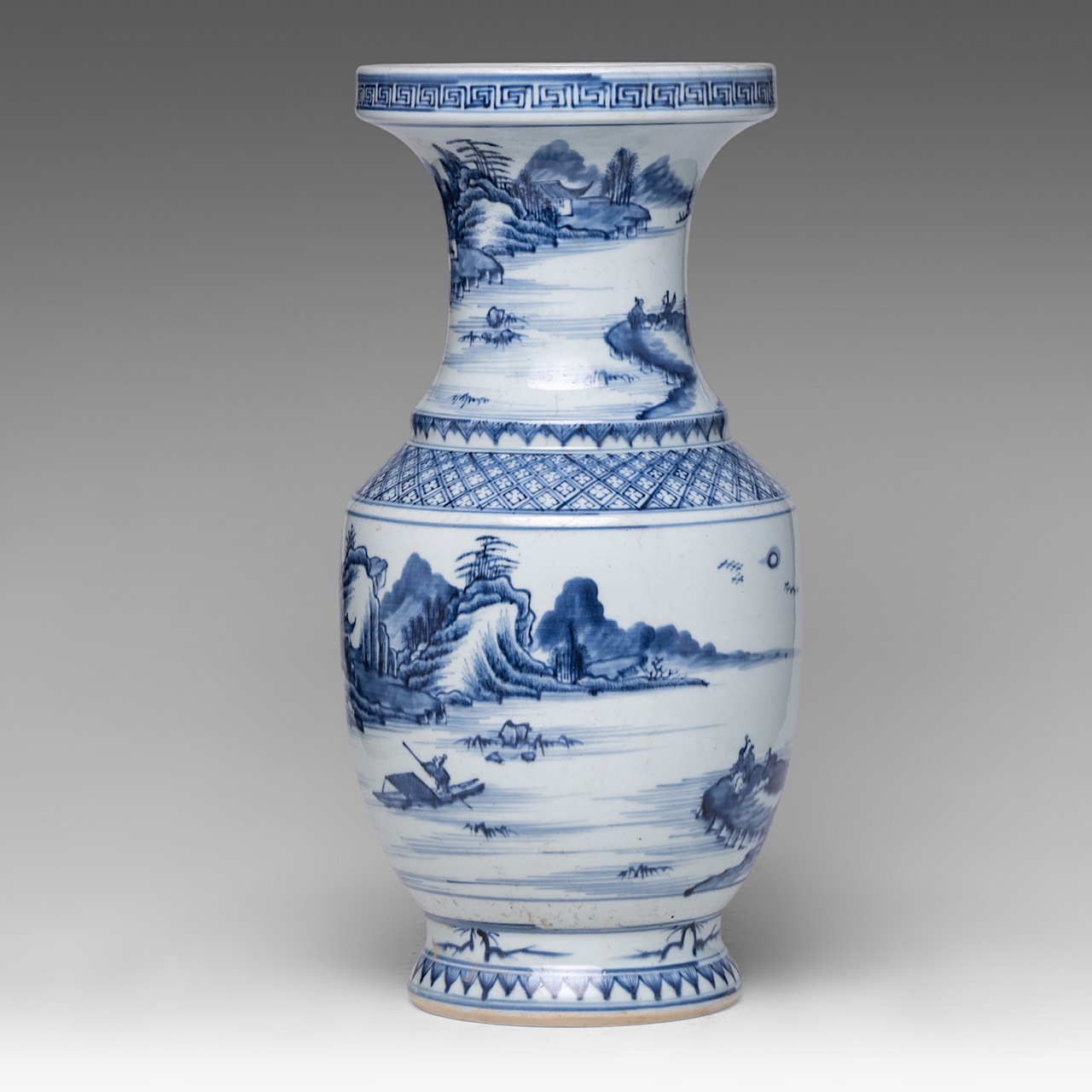 A Chinese blue and white 'Mountainous Landscape' yenyen vase, H 45 cm - Image 3 of 6