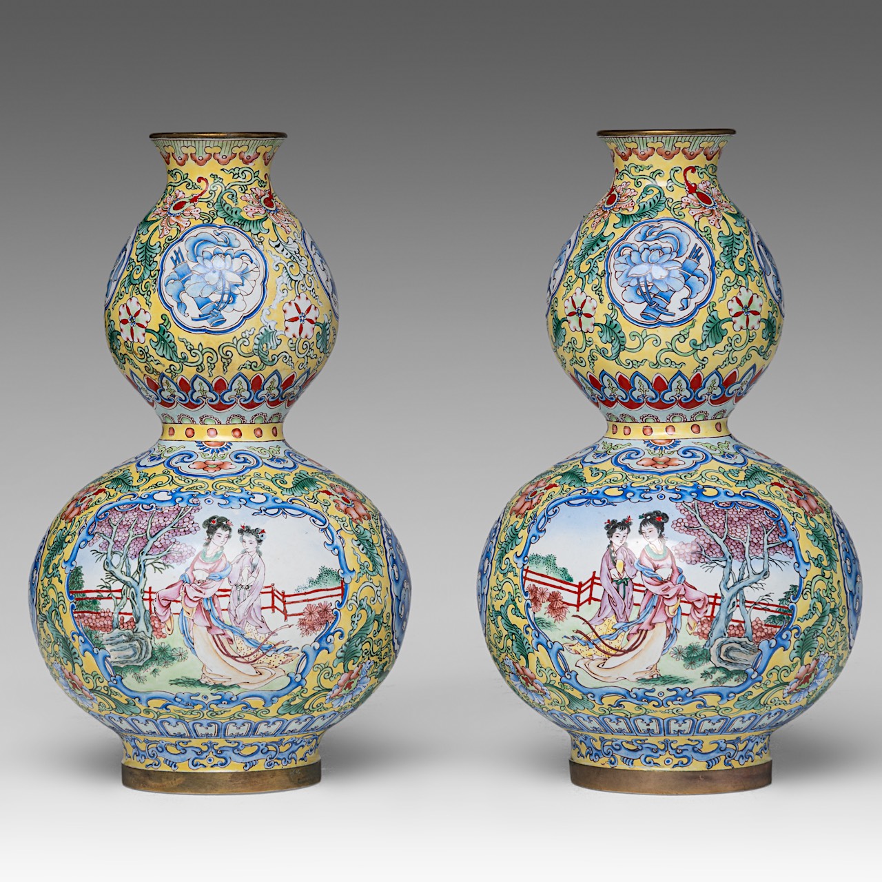 A small collection of two Chinese cloisonne narcissus planters and a pair of Canton enamelled double - Image 4 of 10