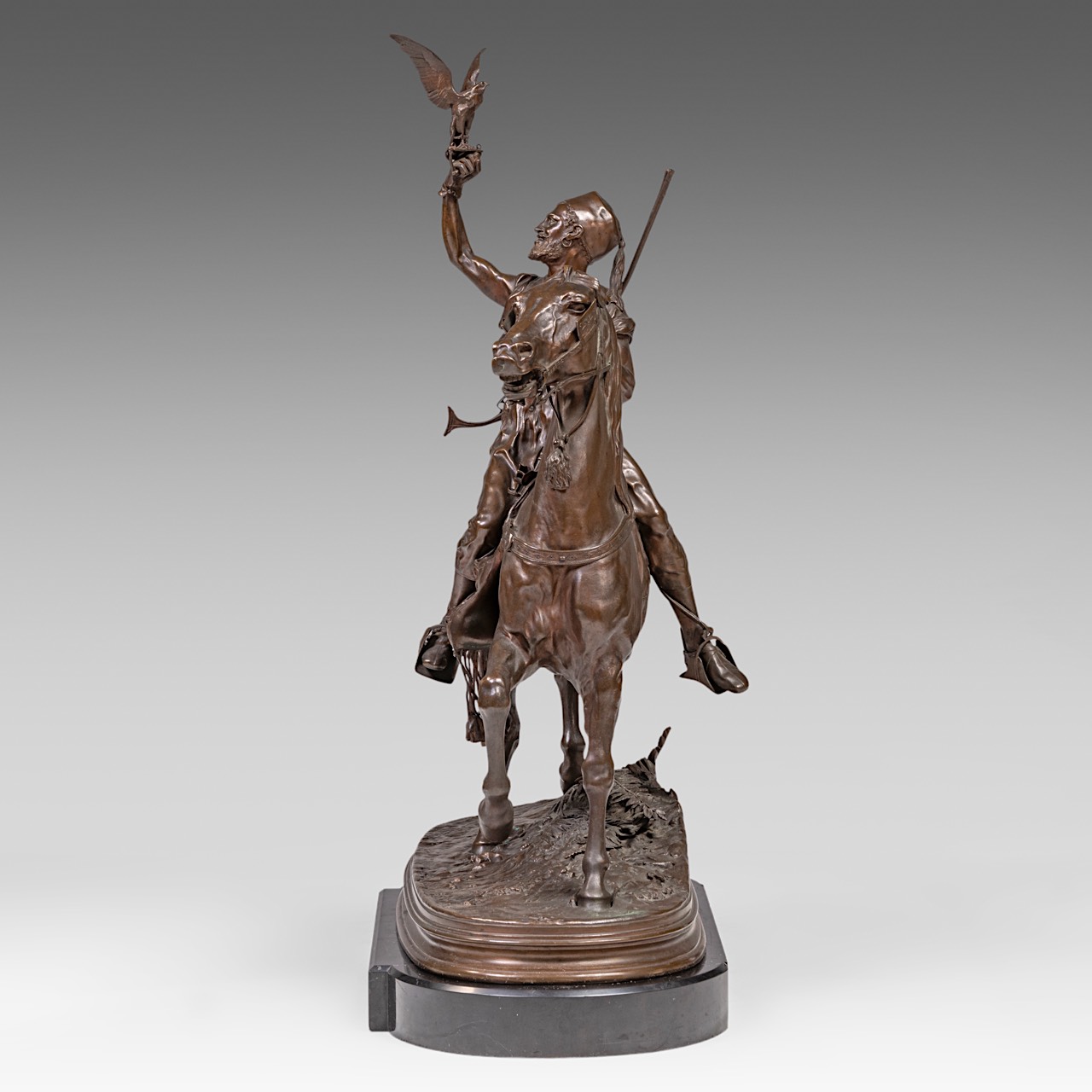 Pierre-Jules Mene (1810-1879), the falconer, patinated bronze on a black marble base, casted by Barb - Image 4 of 11