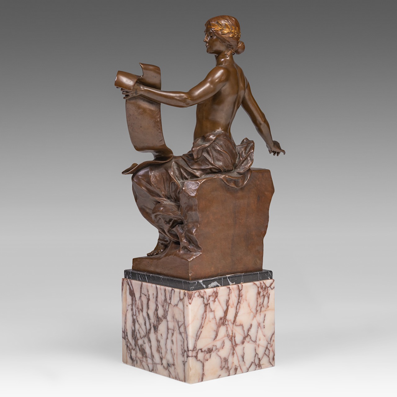 Georges Bareau (1866-1931), 'Allegory of History', patined and gilt bronze, casted by Barbedienne, H - Image 4 of 11