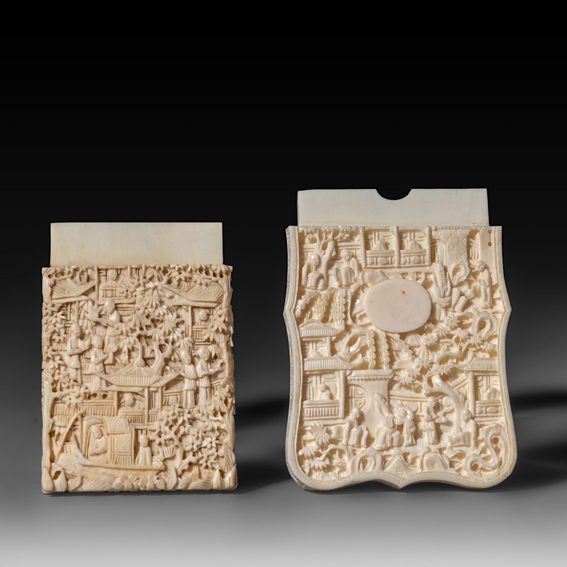 Two Chinese late 19th - early 20th century relief cut ivory calling card cases (+) - Image 3 of 5