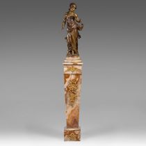 Auguste Moreau (1834-1917), lady with flower basket, patinated bronze on a Neoclassical onyx pedesta