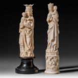 Two 19th/20th century Dieppe ivory Holy Virgin and Child statues (+)