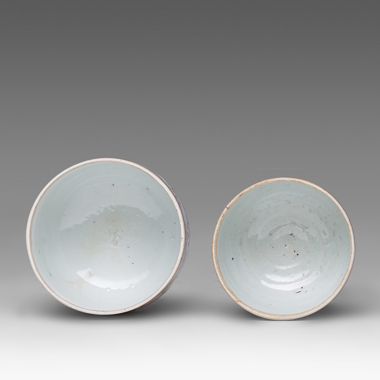 A series of five Chinese famille rose 'Peony' dishes, 18thC, dia 22 cm - added two cafe-au-lait and - Image 12 of 15