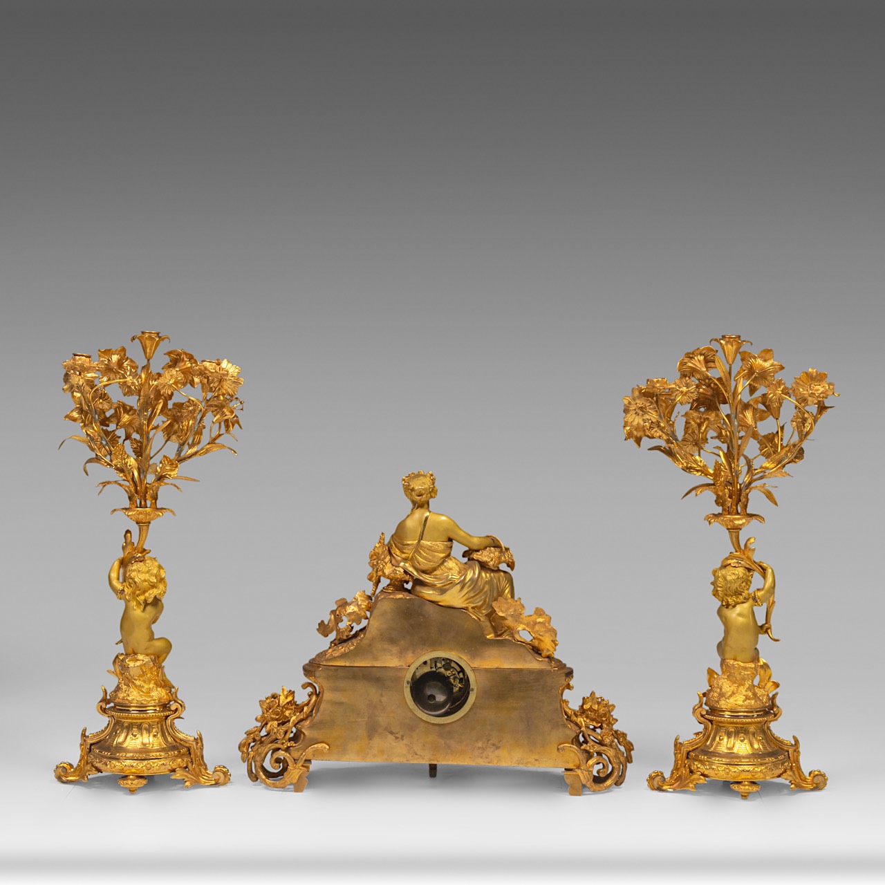 A Napoleon III gilt bronze three-piece mantle clock set, signed 'R. Bouvier, Bruxelles', H 48 - 66 c - Image 3 of 6