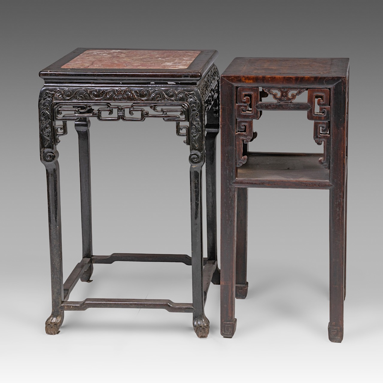 Two South-Chinese carved hardwood bases, one with a marble top, late Qing, largest H 82 - 48 x 48 cm - Image 5 of 7