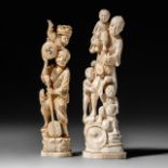 Two Japanese walrus ivory okimono of fathers with their children, Taisho period (1912-1926), H 27 cm