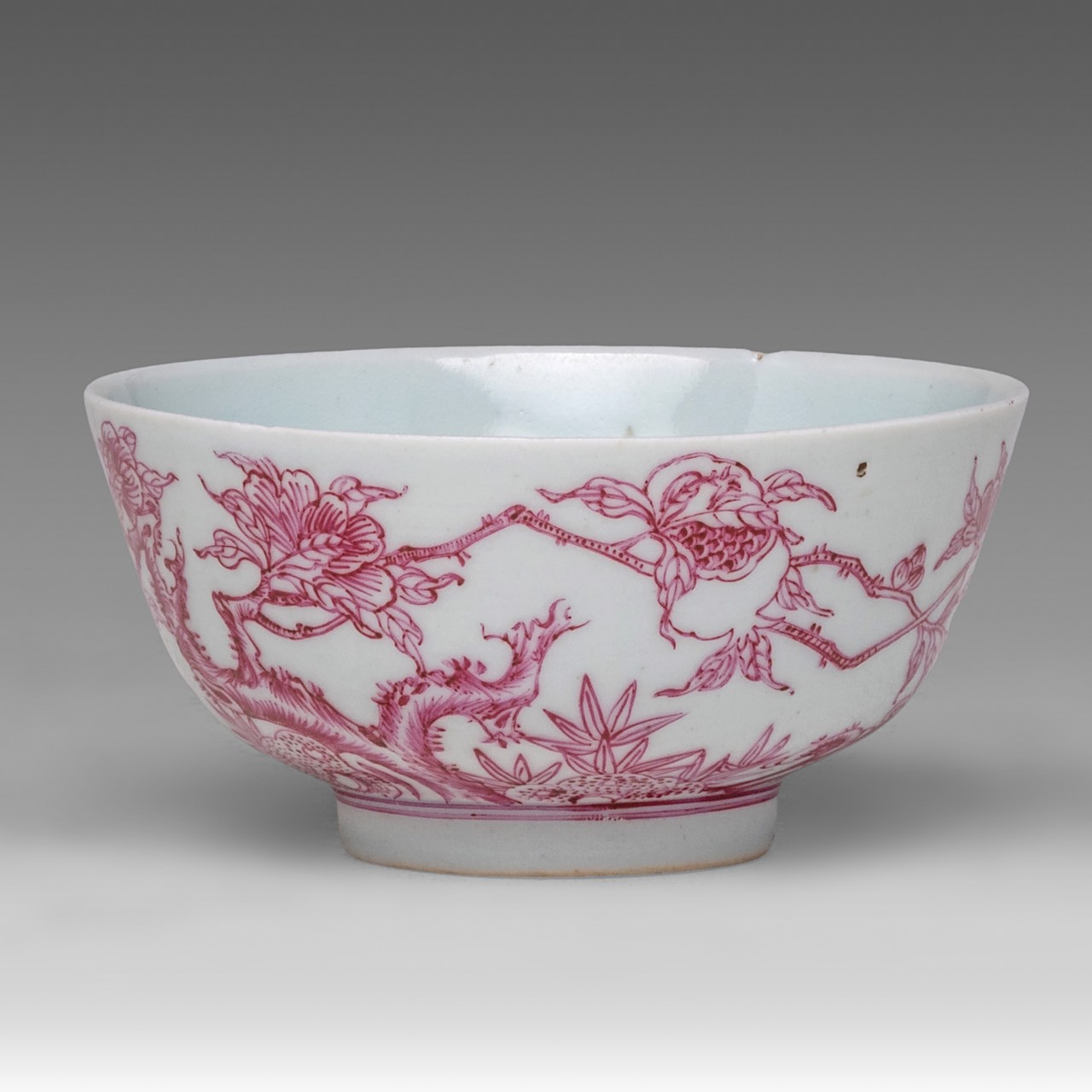 Two Chinese bowls enamelled in puce, 'Fruiting Pomegranate' and 'Magpies and Peonies', Guangxu mark - Image 9 of 13