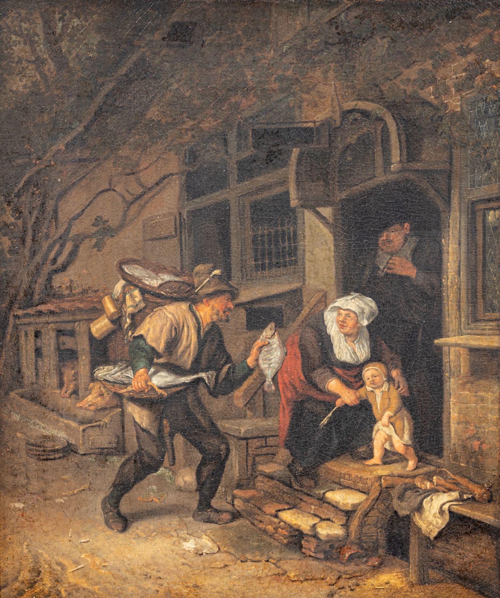 Attrib. to Cornelis Dusart (1660-1704), the fish vendor, oil on canvas 49 x 41.5 cm. (19.2 x 16.3 in