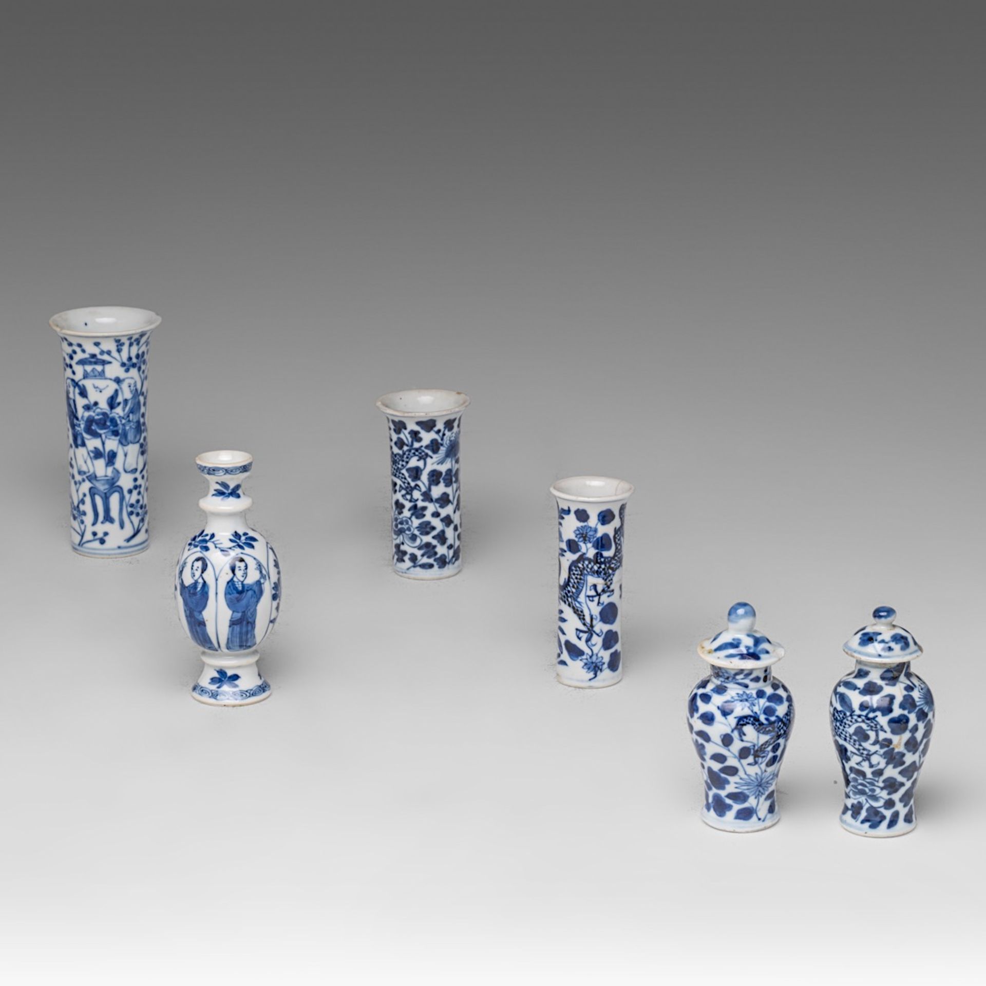A Chinese blue and white 'Long Elisa' miniature vase, Kangxi period, H 11 cm - added an assembled fi - Image 4 of 9