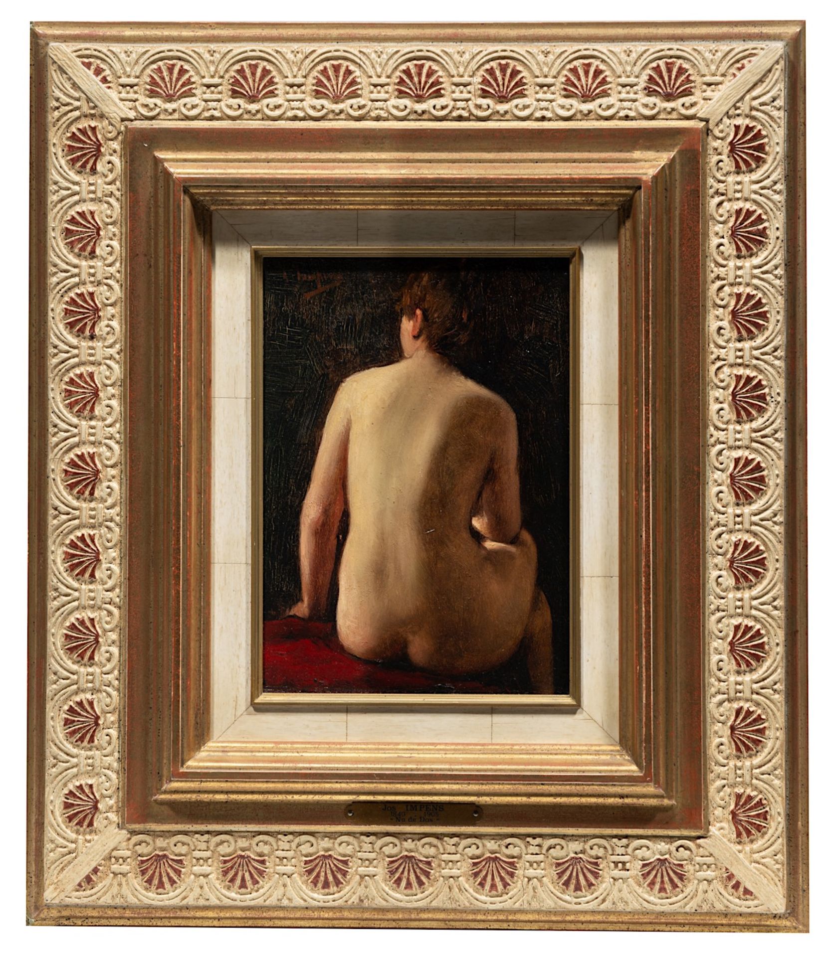 Josse Impens (1840-1905), female nude, seen from the back, oil on mahogany 21.5 x 16 cm. (8.4 x 6.3 - Bild 2 aus 9
