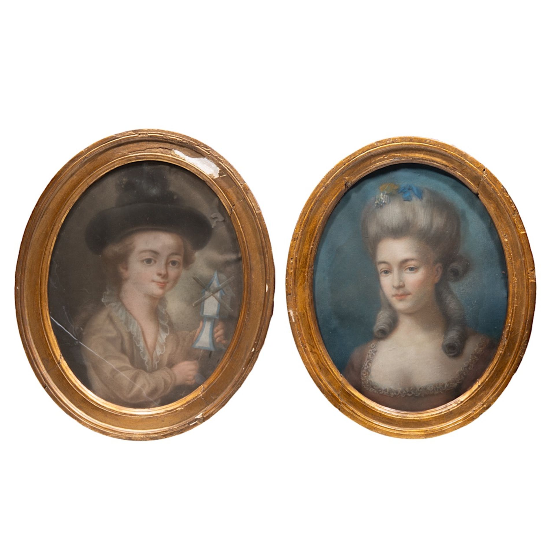 A pair of pendant pastel portraits of a lady and a boy holding a windmill toy, in 18thC style 40 x 3 - Image 2 of 3