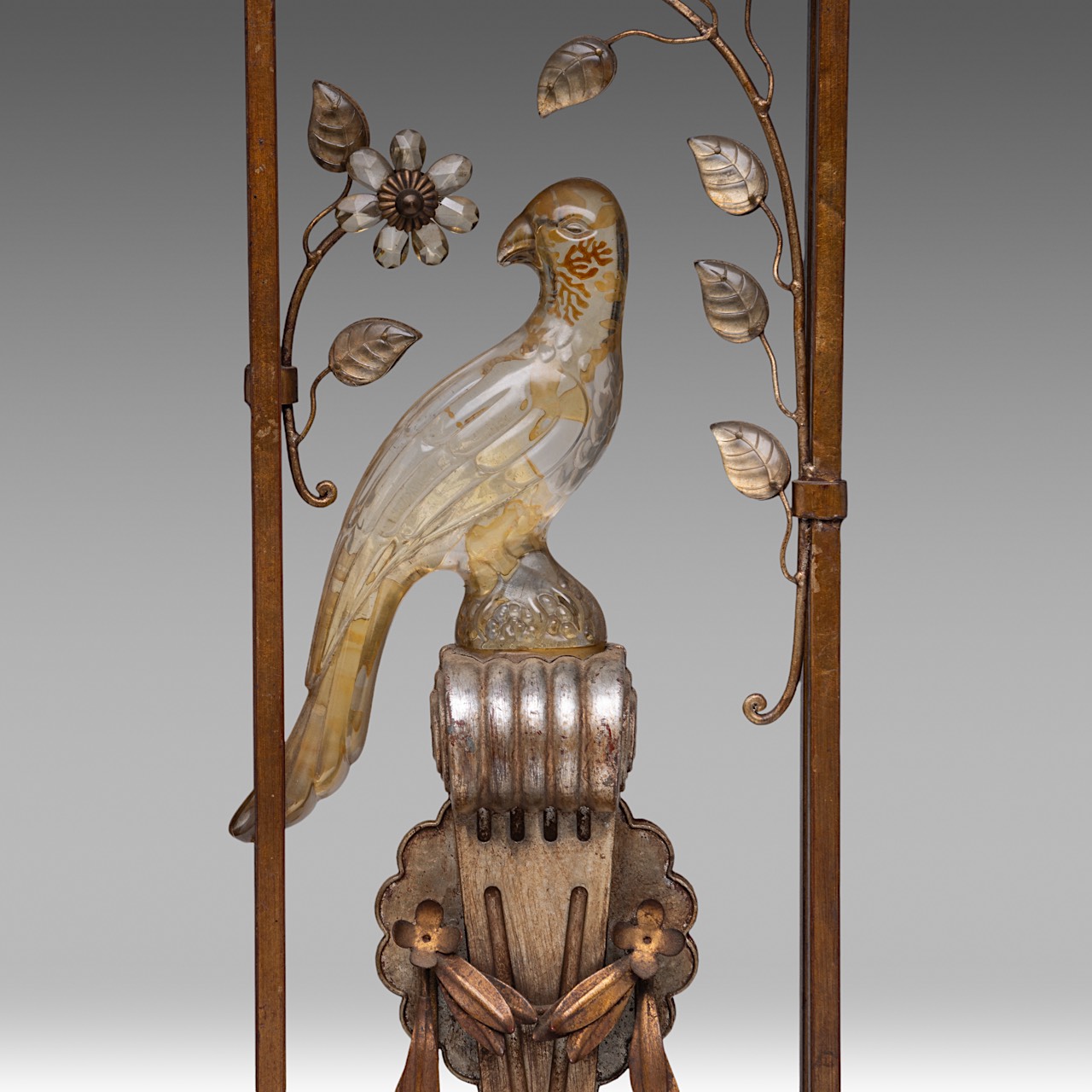 A vintage Art Deco lamp, metal frame with a glass bird, H 85 cm - Image 7 of 7