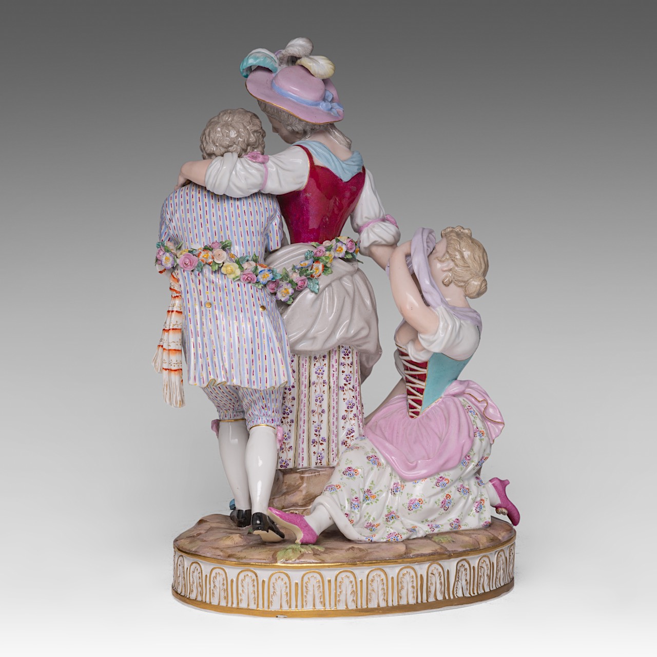 A polychrome Meissen porcelain group with a gallant scene, H 32 cm - Image 4 of 9