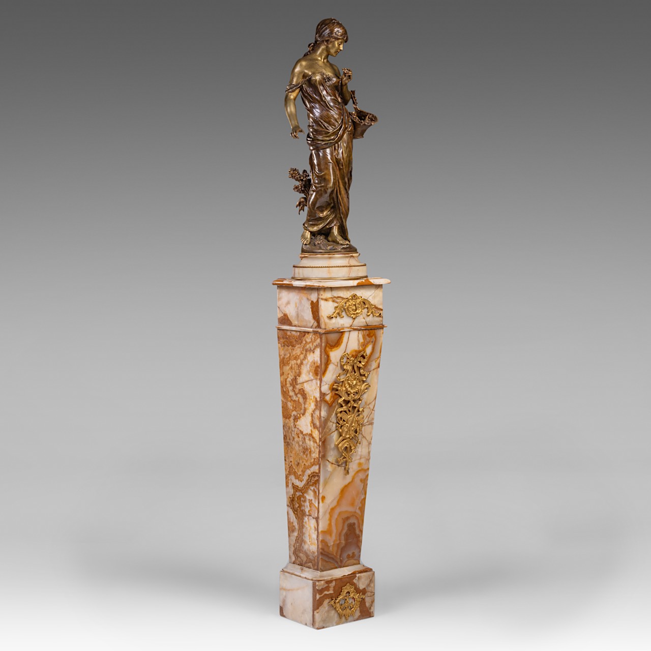 Auguste Moreau (1834-1917), lady with flower basket, patinated bronze on a Neoclassical onyx pedesta - Image 2 of 14