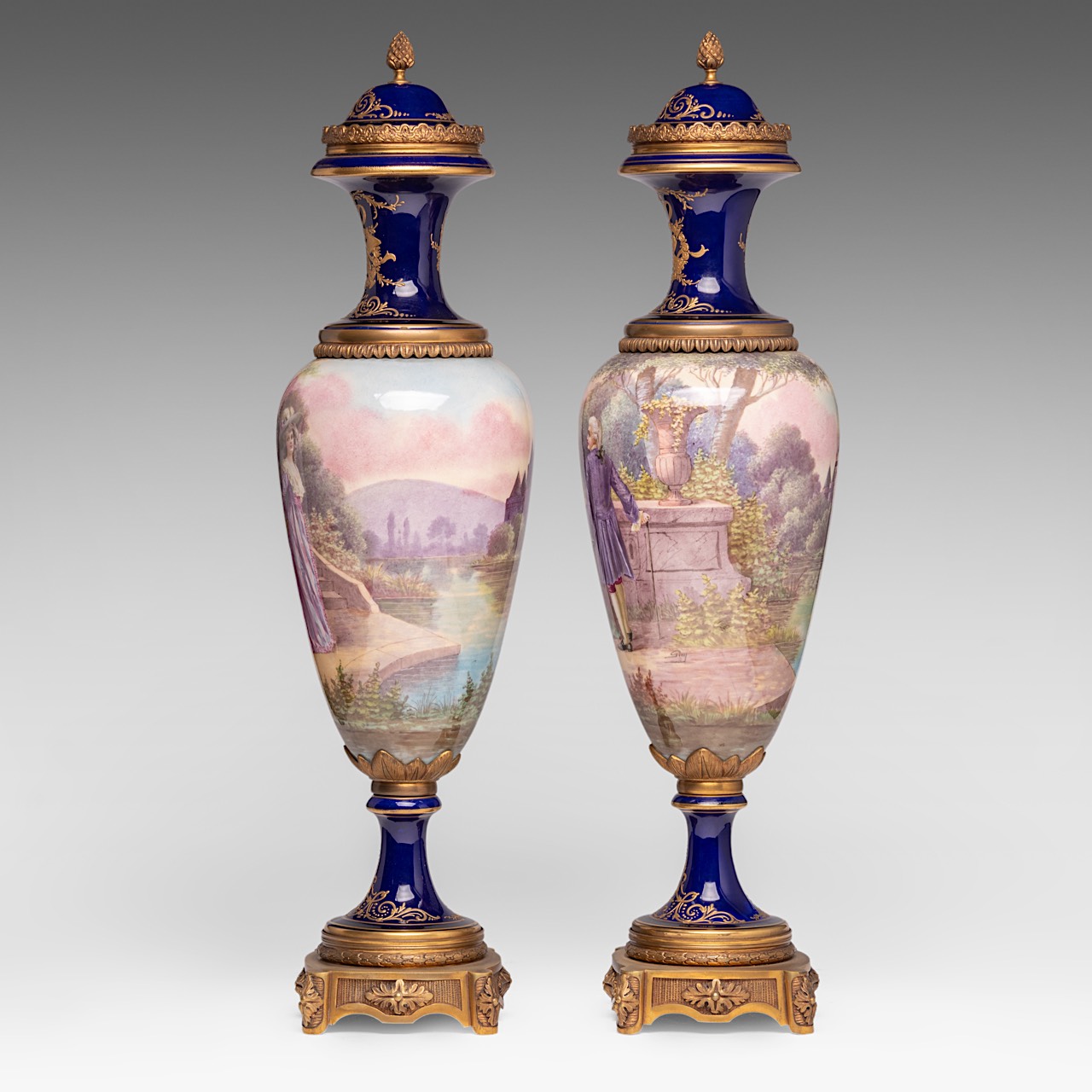 A pair of blue royale ground oblong Sevres type vases with hand-painted gallant scenes and gilt bron - Image 2 of 11