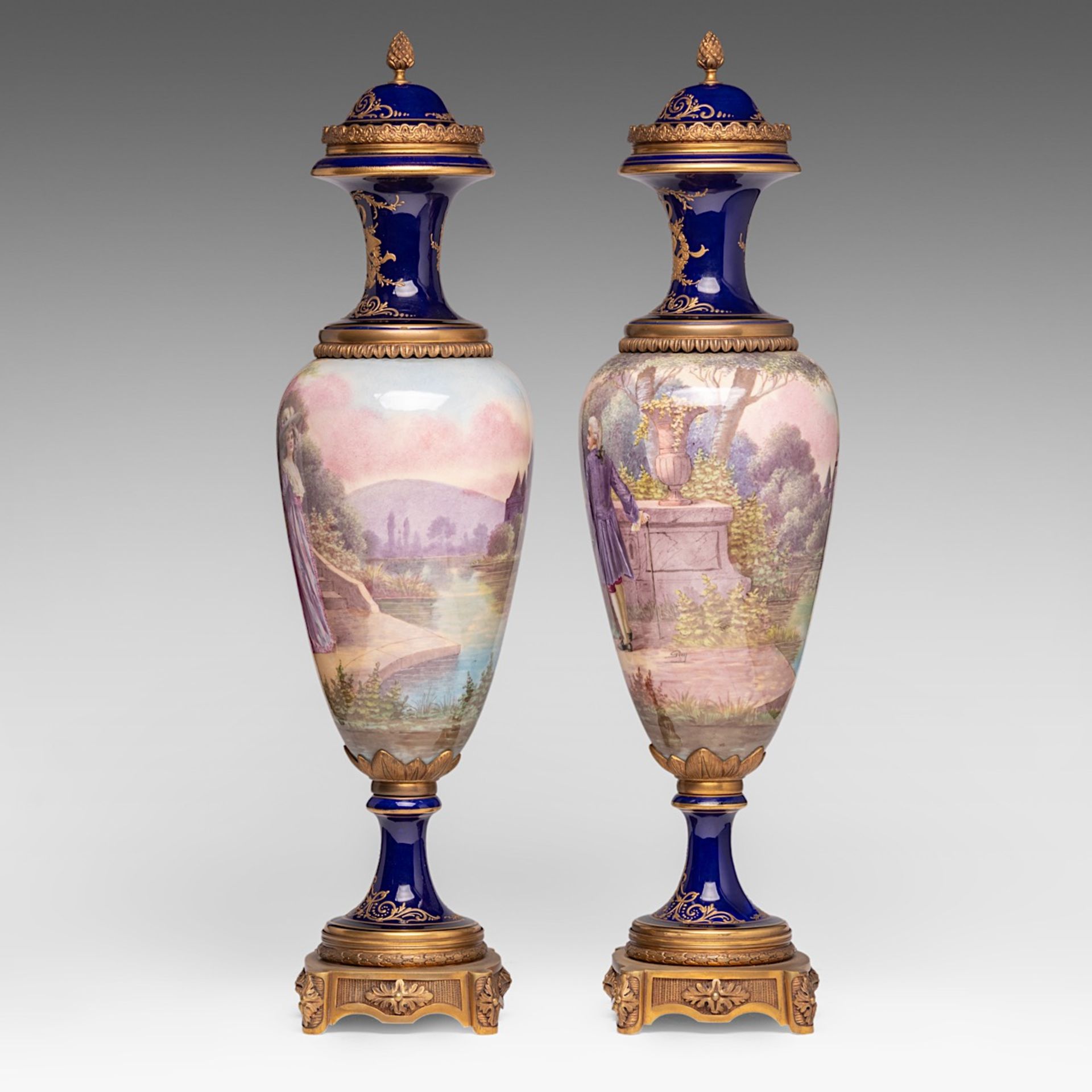 A pair of blue royale ground oblong Sevres type vases with hand-painted gallant scenes and gilt bron - Bild 2 aus 11
