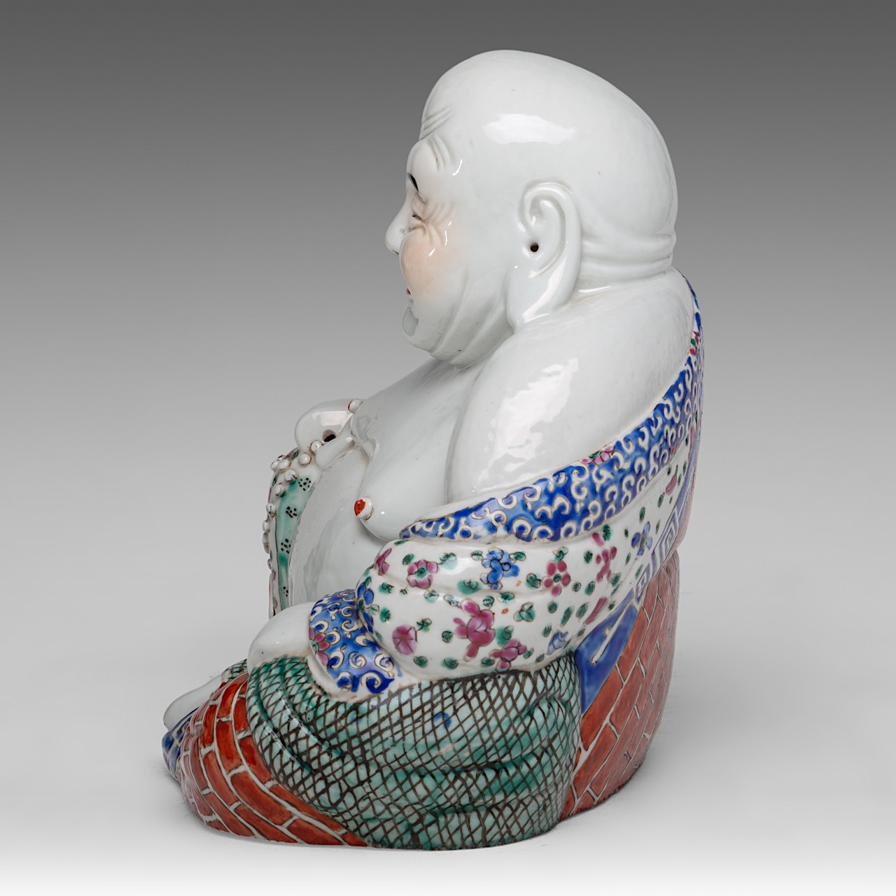 A Chinese famille rose enamelled biscuit figure of smiling a Budai, with an impressed mark, 20thC, H - Image 10 of 14