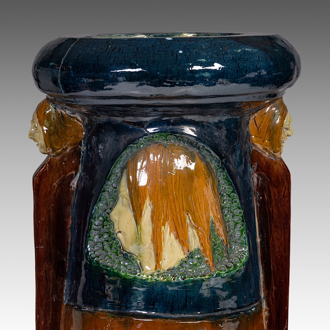 An imposing Art Nouveau polychrome earthenware cachepot on stand by the Caesens pottery manufactory, - Image 15 of 19