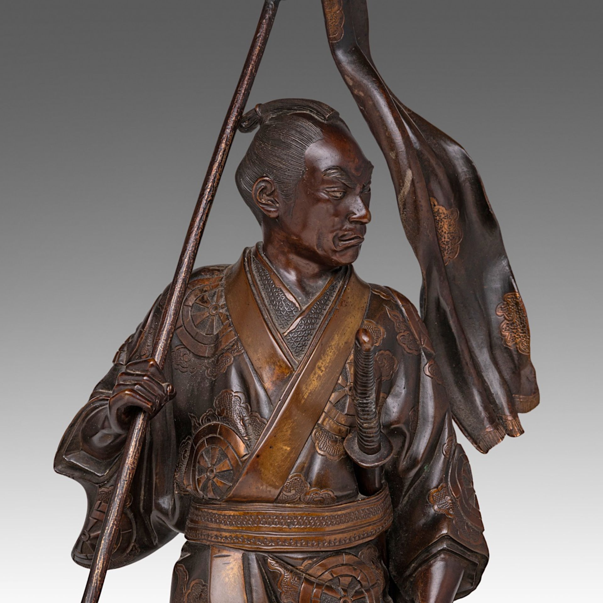 A Japanese bronze okimono of a warrior from the tale of Genji, signed, Meiji period (1868-1912), fix - Image 8 of 9