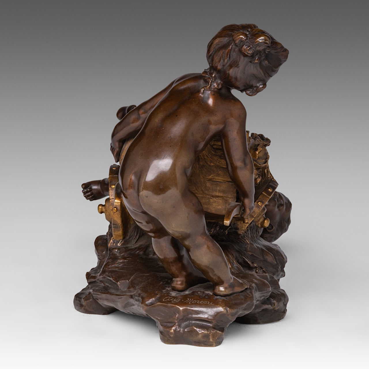 Auguste Moreau (1834-1917), two children playing with a chariot, patinated bronze plant stand, H 28 - Image 6 of 9