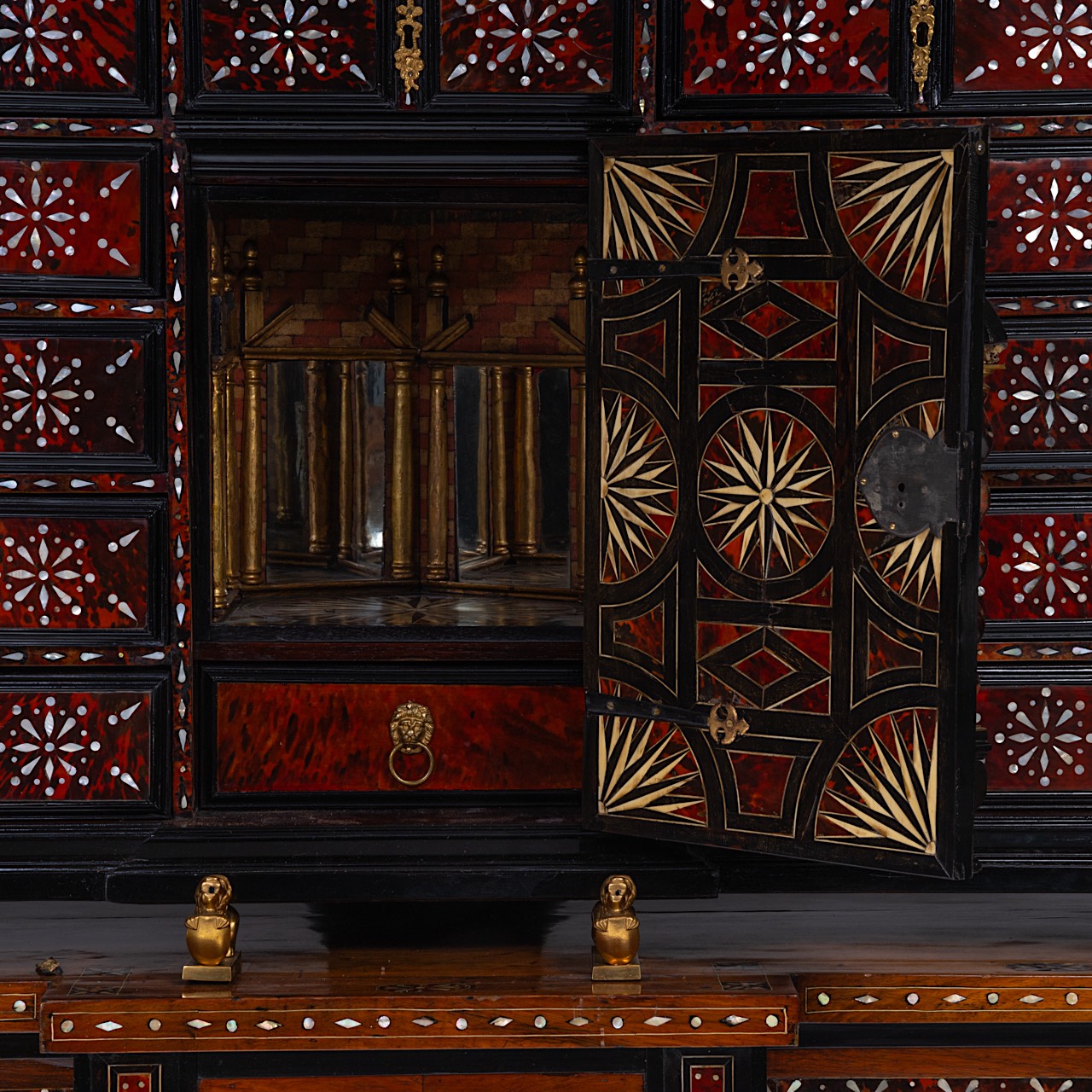 A 17thC cabinet-on-stand, inlaid with tortoiseshell, mother-of-pearl and ivory, H 194 cm (total) (+) - Image 6 of 9