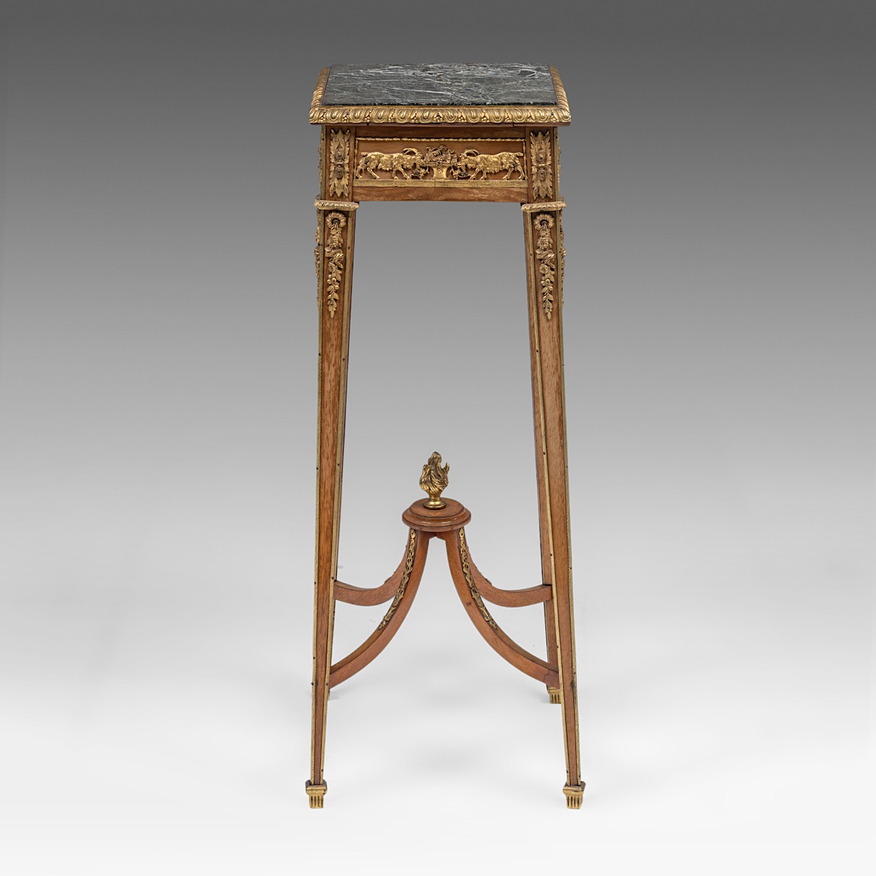 A walnut marble-topped Louis XVI-style side table with gilt bronze mounts, H 87,5 cm - W 30 cm - D 3 - Image 3 of 7