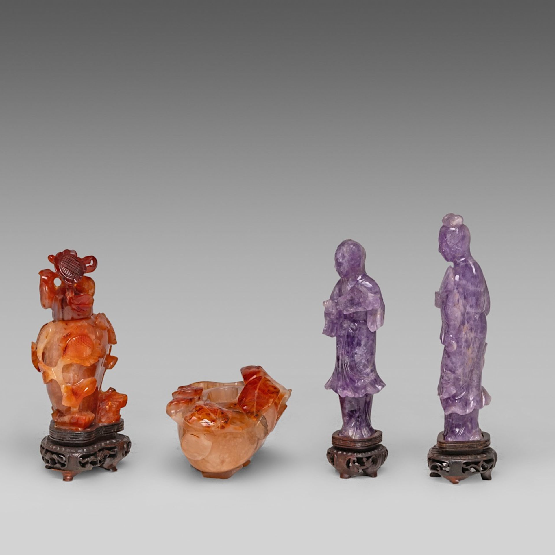 A collection of eleven Chinese mineral carvings and a pair of porcelain dishes, incl. two carnelian - Image 9 of 17